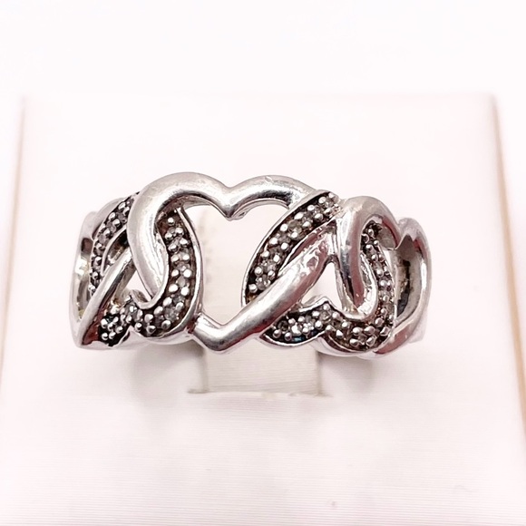 Size 8 Diamond chips heart link 925 Sterling Silver Ring - Picture 1 of 9